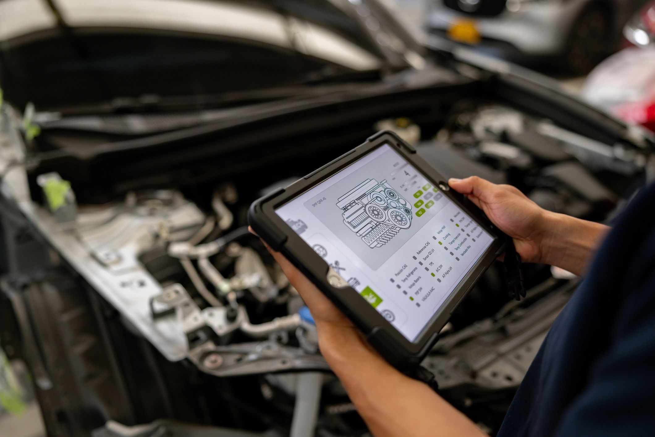 Technician using a diagnostic scanner on a vehicle
